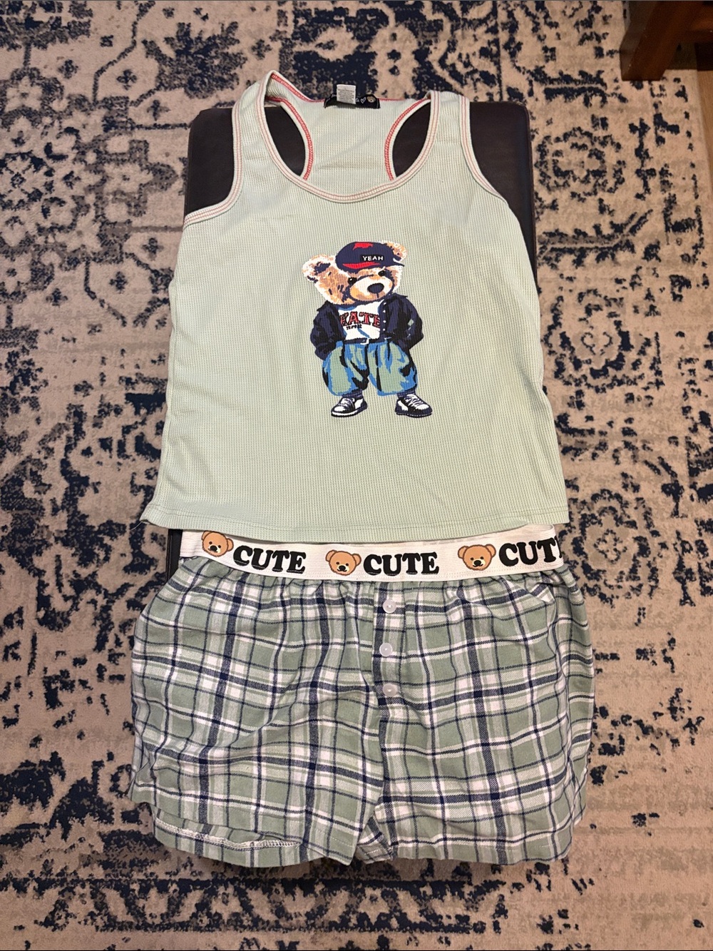 Women’s Mint Bear Graphic Tank & Green Plaid Short Pajama Set